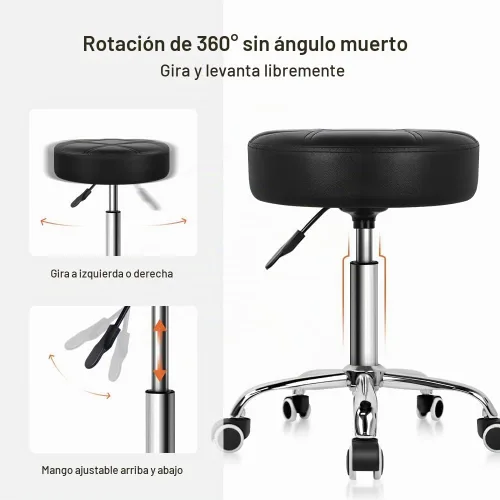 Vista 4 de KKTONER Taburete redondo con ruedas de cuero PU ajustable giratorio de Negro