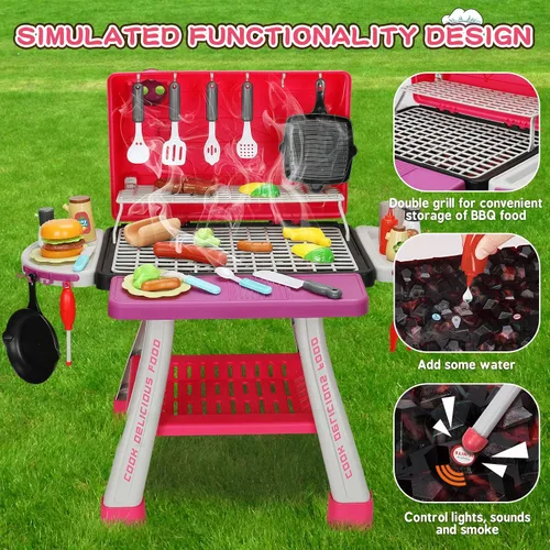 Vista 3 de Juguetes de Cocina para Niños, Parrilla de Barbacoa para Niños Juego de Cocina con Humo, Sonido y Luz, Juguetes de Comida Rosa Juego de Cocina