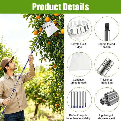 Vista 3 de Fantasyon Recolector de frutas de 13.5 pies con cesta telescópica ajustable para recoger frutas, recogedor de manzanas, recolector de cerezas