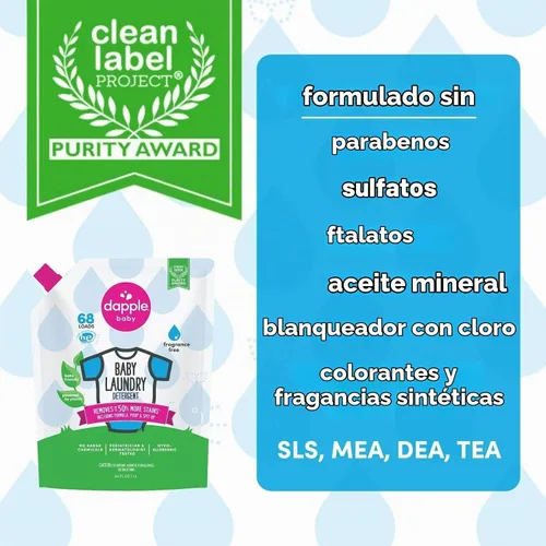 Vista 4 de Dapple Detergente para ropa de bebé, impulsado por plantas, concentrado, hipoalergénico, sin fragancia, paquete ecológico, quitamanchas, 34 fl oz