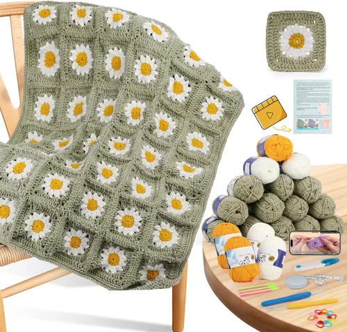 Vista 11 de Kit de Ganchillo Coopay para Principiantes para Manta, Kit de Ganchillo de Cuadrados de Abuela con Instrucciones y Suficiente Hilo, Juego Completo