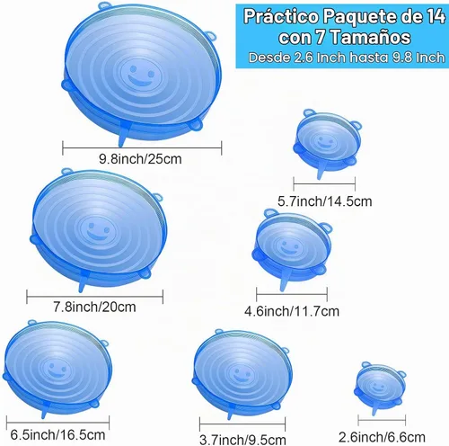 Vista 2 de Tapas elásticas de silicona, 14 unidades, 7 tamaños, fundas reutilizables