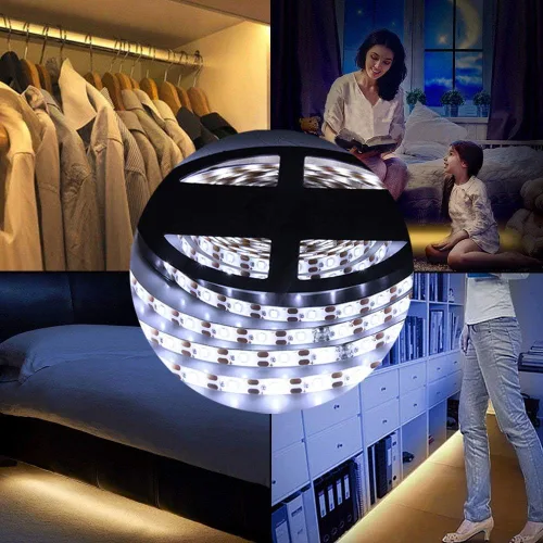 Vista 2 de Luz de armario con sensor de movimiento, tira de luces LED para armario, encendido y apagado automático PIR, funciona con pilas, 6000 K blanco