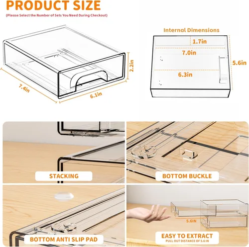 Vista 3 de Yieach Cajones de almacenamiento apilables transparentes de 2.2 pulgadas de alto, paquete de 4 cubos de organización y almacenamiento, organizador