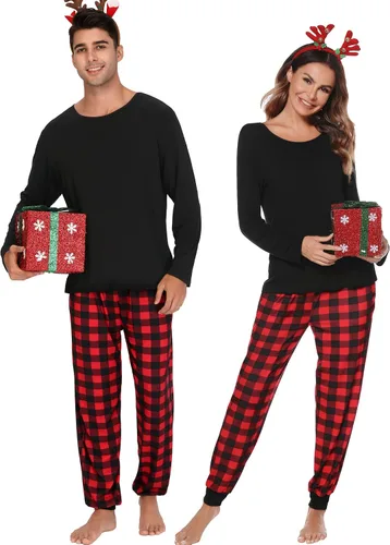 Vista 2 de SWOMOG Conjunto de pijama a juego para hombres, mujeres y niños, para familia, parejas, ropa de dormir de manga larga, pantalones a rayas a cuadros