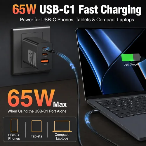 Vista 4 de Cargador súper rápido de 65 W PD3.0 y 6/10 pies USBC Cable para Samsung