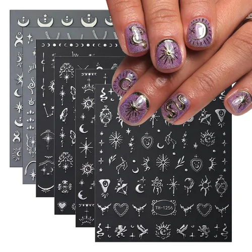 Vista 8 de 8 hojas de calcomanías metálicas para arte de uñas, luna plateada, estrella, sol, calcomanías de uñas de serpiente, calcomanías 3D autoadhesivas