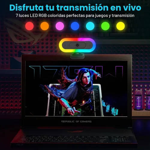 Vista 7 de Cámara web de transmisión ToLuLu 2K 50FPS, cámara web LED RGB con micrófono y luz, cámara de computadora con enfoque automático con cubierta