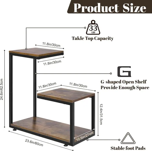 Vista 3 de Mesa auxiliar en forma de G, mesa auxiliar de 3 niveles para sofá interior, mesa auxiliar pequeña con marco de metal para sala de estar, dormitorio