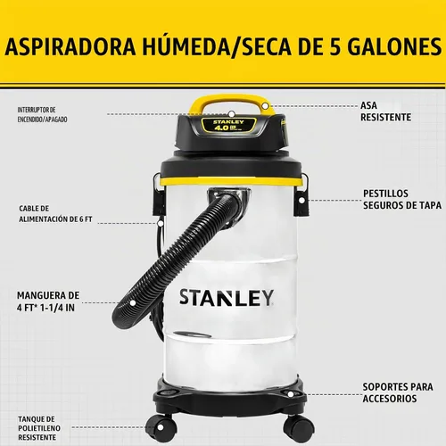 Vista 6 de Aspiradora Stanley 4 HP para uso en seco o mojado, SL18130, 116.00 volts