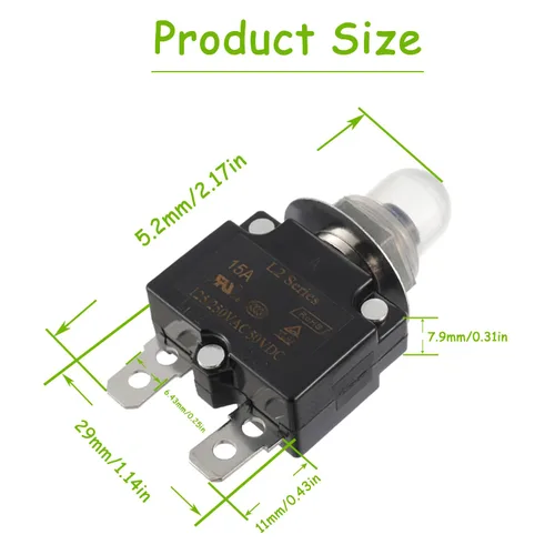 Vista 2 de Disyuntor de botón de reinicio manual de 15 A, 125/250 V, CA, 50 V, CC, protector de sobrecarga térmica para automóviles con terminales de conexión