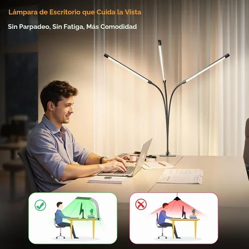 Vista 6 de ShineTech Lámpara de escritorio LED de 3 cabezales con abrazadera, luces