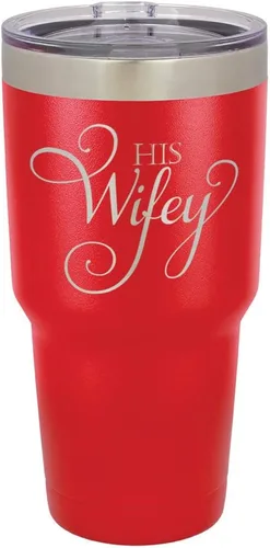 Vista 15 de Taza de viaje de acero con recubrimiento de polvo grabado con láser, con grabado «HIS WIFEY» de 325 ml, sin BPA, para mantener tu bebida fría