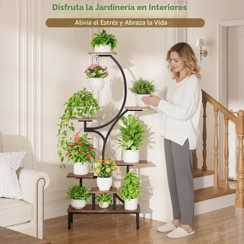 Vista 7 de Soporte para plantas de interior con luces de crecimiento, estante para plantas de interior de 7 niveles con base elevada y gancho para colgar