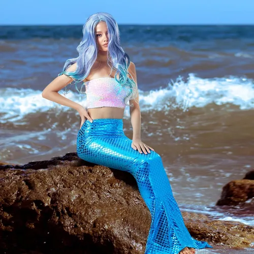 Vista 5 de Cindeer Disfraz de sirena de 3 piezas para mujer, incluye blusa corta de sirena con lentejuelas, parte superior metálica sin tirantes, falda