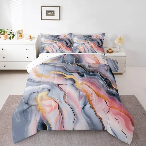 Vista 27 de Feelyou Juego de edredón abstracto para todas las estaciones, juego de ropa de cama negro y azul con 1 funda de almohada con estampado de mármol
