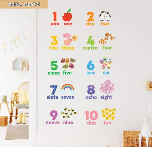 Vista 2 de DECOWALL Calcomanías de pared con números en español inglés del 1 al 10 para niños (DS-2020ES) Decoración extraíble bilingüe con coloridos