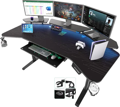Vista 10 de JWX - Escritorio de pie de 4 patas con motor doble, diseño de gestión de cables abatible con luz LED acrílica