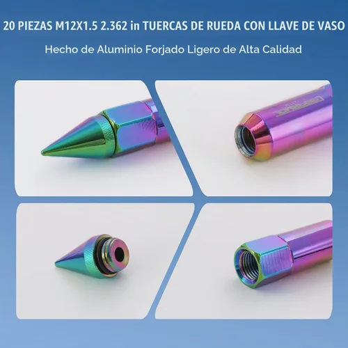 Vista 5 de JDMSPEED Neo Chrome 20 unids M12X1.5 Cap Spiked Extended Tuner 2.362 in Ruedas de Aluminio Llantas Tuercas Cromo neo