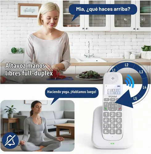Vista 3 de Uvital Teléfono inalámbrico con DECT 6.0, altavoz dúplex completo, pantalla iluminada, identificación de llamada/llamada en espera/bloqueo