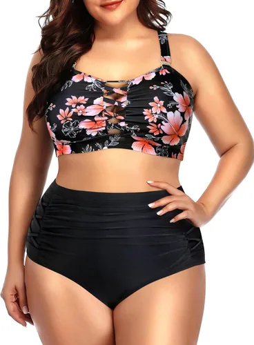 Vista 8 de Daci - Traje de baño de dos piezas para mujer, talla extragrande, cintura alta, fruncido, con cordones Negro