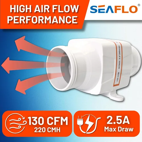 Vista 5 de SEAFLO in-Line Marine Bilge Air Blowers- 12V, 3 or 4", 130-270 CFM Ultra-Quiet Operation 4 or 3 Inch for Yacht/Sailboat/Boat- ISO 8846, CE & RoHs