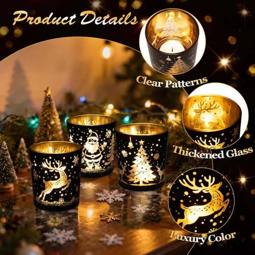 Vista 4 de Portavelas votivas, juego de 3 portavelas de Navidad de cristal negro y dorado, portavelas de té con Papá Noel, reno, patrón de árbol Xmax