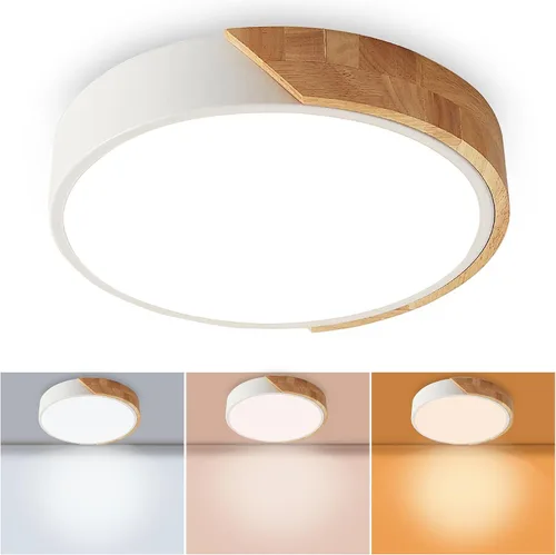Vista 11 de Lámpara de techo LED de madera de montaje empotrado, 3CCT 3000K-6500K moderna negra cerca de las luminarias del techo, lámpara de techo redonda