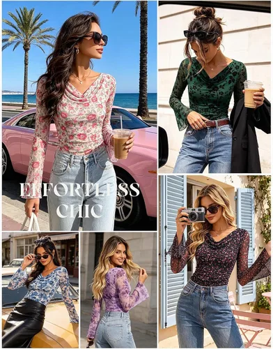 Vista 6 de GRACE KARIN Blusas de malla estilo bohemio para mujer, estilo casual Floral negro