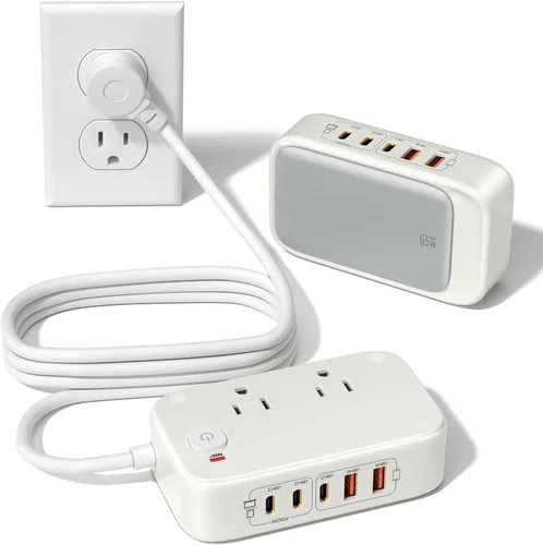 Vista 10 de Regleta de alimentación 7 en 1, regleta de alimentación PD USB C de 85W con 3 USB-C, 2 puertos USB-A y toma de corriente AC de 2500W, enchufe plano