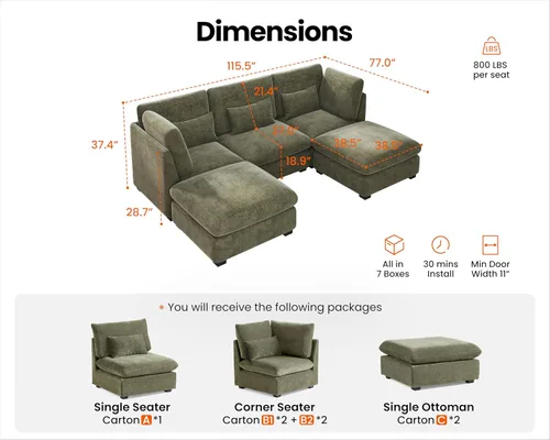 Vista 2 de Sofá Modular de Tamaño Grande, Sofá Seccional de Chenilla Cloud Extra Profundo con Chaise Otomana, Sofá Cama de Chenilla Esponjosa de 5 Asientos