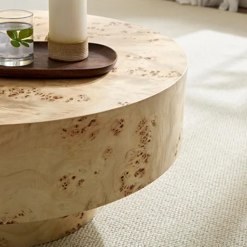 Vista 4 de Mesa de centro redonda de madera de Burl de 31.49 pulgadas, moderna mesa de centro circular circular baja contemporánea para sala de estar, espacio