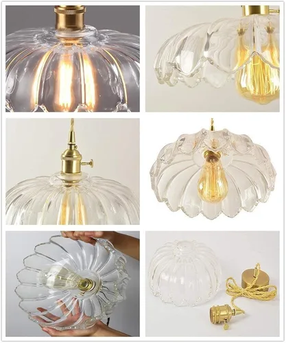 Vista 4 de Lámpara colgante industrial retro de latón con pantalla de vidrio transparente, lámparas de suspensión en forma de flor de granja E27/E26 sockets