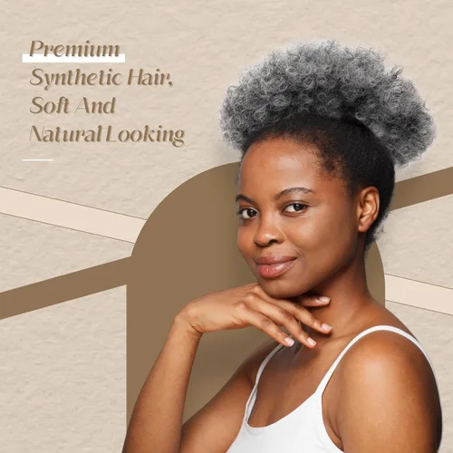 Vista 4 de WILLBOND 2 piezas de cola de caballo afro con cordón para mujer, pelo sintético corto y rizado, extensión de moño afro, extensiones de cabello Gris