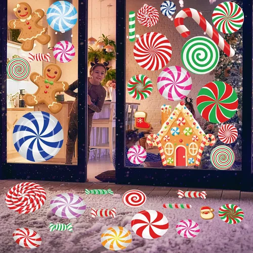 Vista 4 de Adhesivos de ventana de Navidad para vidrio, doble cara, 3D, bastón de caramelo, pan de jengibre, 88 calcomanías de menta para decoración de fiesta