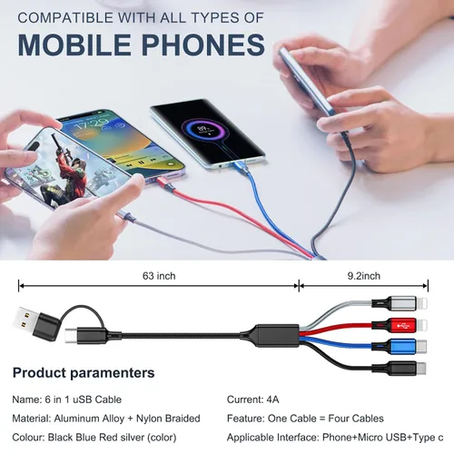 Vista 5 de Cable de carga múltiple 6 en 1, paquete de 2 cables USB de 6 pies, cable de carga 3A, cable de carga USB universal A/C trenzado con 2 puertos