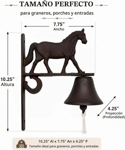 Vista 3 de Campana de cena de caballo, campana de hierro fundido para montar en la pared con adorno para caballo, decoración rústica de granero ecuestre