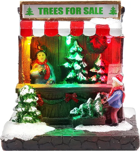 Vista 6 de Juego de 3 tiendas de pueblo navideño, incluye corona preiluminada, árbol y tienda de regalos, complemento perfecto para tus decoraciones navideñas