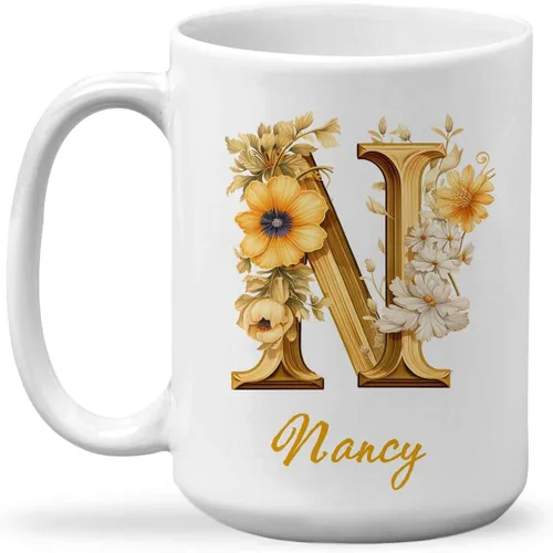 Vista 21 de Taza de cerámica personalizada con letra A del alfabeto, taza de café personalizada con nombre, taza de té inicial con monograma floral