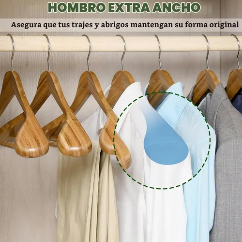 Vista 3 de Amber Home Paquete de 6 Perchas de Traje de Madera de Bambú Natural de Hombros Anchos, Perchas de Ropa de Bambú con Barra para Pantalones, Perchas