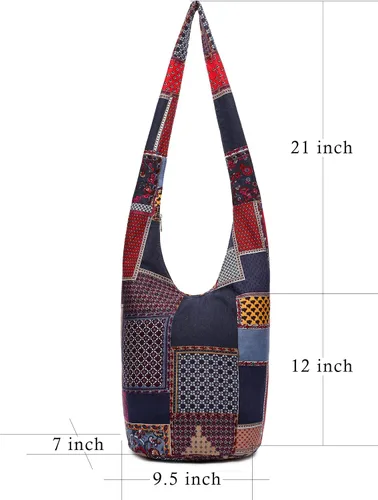 Vista 4 de Bolsa de hombro para mujer, de lona en estilo hippiebohemio para llevar cruzada al hombro, disponible en diferentes colores y estampados