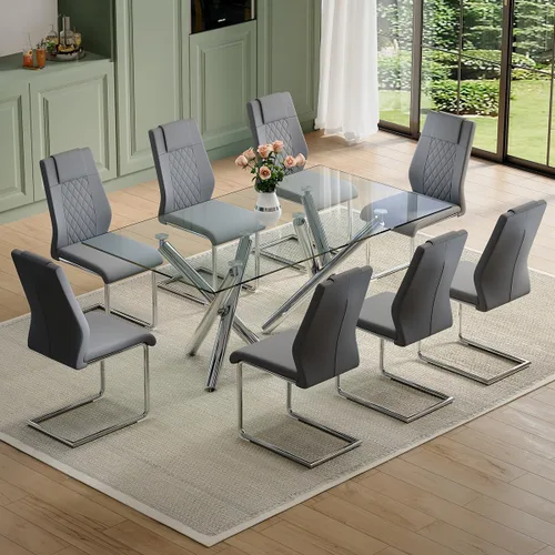 Vista 14 de Juego de mesa de comedor de cristal para 6, 71 pulgadas juego de mesa de comedor moderno para 6 7 Piece Dining Table Set, 6 White Dining Chairs