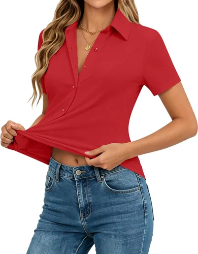 Vista 10 de siliteelon Camisas de manga corta con botones para mujer, camisas de vestir elásticas en 4 direcciones, blusa de trabajo ajustada