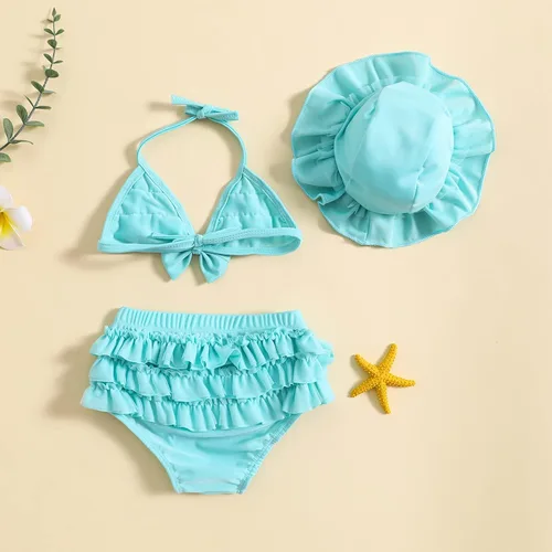 Vista 7 de Yccutest Traje de baño de flores para bebé, 3 piezas, parte superior triangular, parte inferior con volantes, sombrero para el sol, conjunto