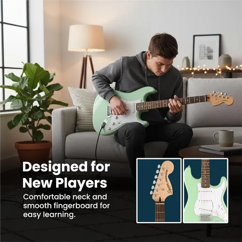 Vista 5 de Paquete Fender Squier Affinity Stratocaster Edición Limitada con amplificador Frontman 10G, estuche, cable de instrumento, correa, púas y DVD