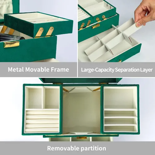 Vista 4 de Dajasan Jewelry Box for Women 3 Layers Large Velvet Jewelry Organizer Jewelry Storage Organizer Jewelry Case for Earring Ring Necklace Bracelets