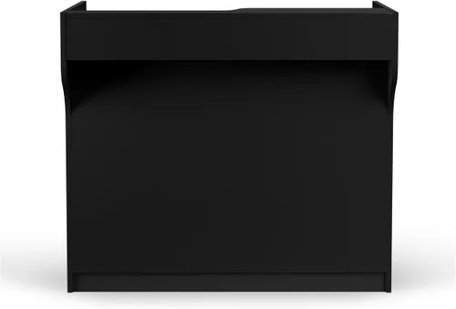 Vista 4 de Mueble de melamina para caja registradora, color negro, con estantes ajustables, cajón, y superficie para llenar cheques.