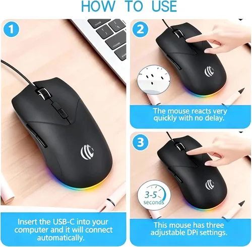 Vista 2 de Ratón con cable, ratón USB para computadora de 1600 DPI, mouse óptico móvil de diseño ergonómico con cable para computadora portátil, PC