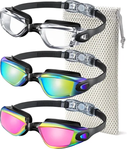 Vista 10 de NSSIW Gafas de natación para adultos, para hombres y mujeres: antivaho sin fugas y campo de visión ultra ancho, paquete de 3