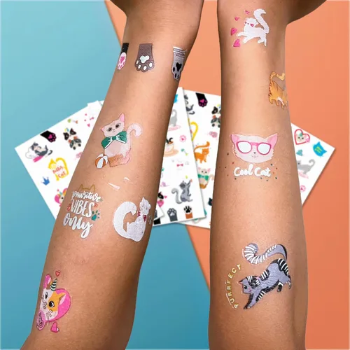 Vista 2 de PapaKit Kitty Cats - Juego de tatuajes falsos temporales, 4 hojas de 64 estilos con lámina iridiscente metálica, recuerdos de fiesta, rellenos